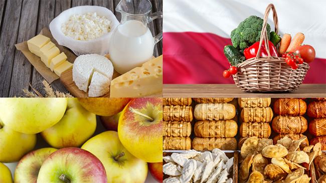 Kolaż zdjęć: różne rodzaje serów, masło, mleko, warzywa i jabłka
