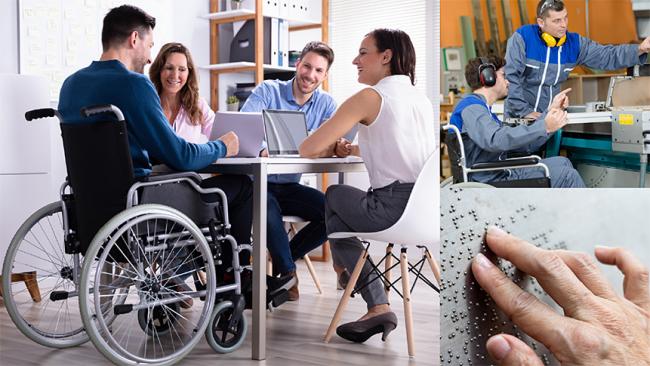 Kolaż zdjęć: osoby na wózku w trakcie rozmowy, szkolenie osoby z niepełnosprawnością ruchową, dłoń odczytująca pismo brajla
