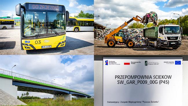 Kolaż zdjęć z kontrolowanych inwestycji: autobus, specjalistyczny samochód do odbioru odpadów, most, tablica inwestycji