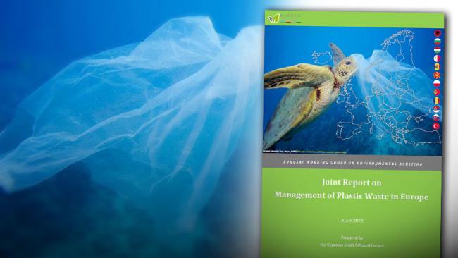 Okładka raportu międzynarodowego o systemie zarządzania odpadami z tworzyw sztucznych w Europie, w tle i na okładce zdjęcie żółwia wodnego wpływającego w torebkę foliową