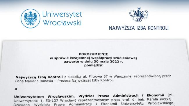 Logo Uniwersytetu Wrocławskiego i logo Najwyższej Izby Kontroli, poniżej nagłówek dokumentu porozumienia między UW i NIK