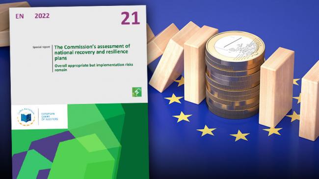 ECA’s special report on the assessment of national recovery and resilience plans and a wooden block domino and a pile of 1 Euro coins against the backgroud of the European flag 