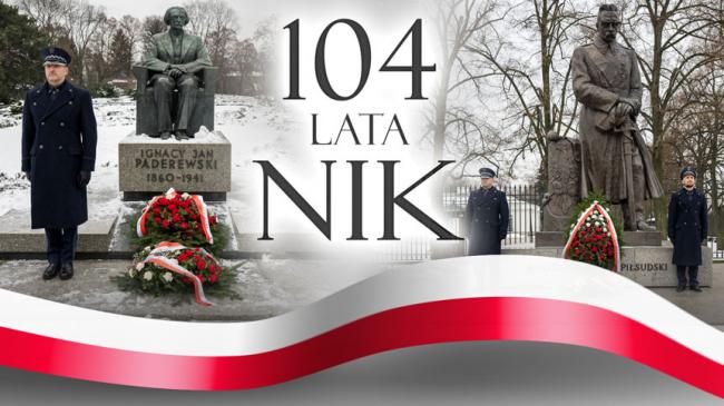 Kolaż zdjęć: napis 104 lata NIK, obok strażnik NIK przy pomniku Ignacego Jana Paderewskiego, strażnik NIK przy pomniku marszałka Józefa Piłsudskiego
