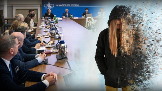 Photo collage: photo of panel participants and blurred image of a teenage girl in a black hooded jumper with her hands in the jumper pockets