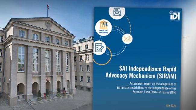 Pierwsza strona dokumentu IDI o zagrożeniach dla niezależności NIK, w tle siedziba NIK