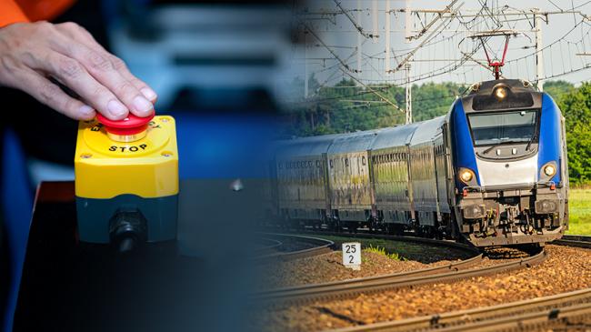 Kolaż zdjęć: Dłoń wciskająca czerwony przycisk z podpisem STOP, obok pociąg osobowy