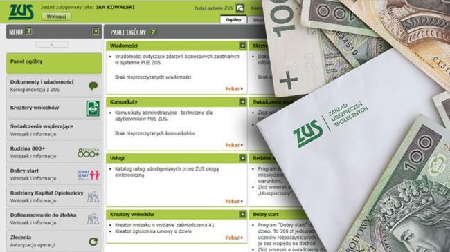 Zrzut ekranu z systemu PUE, banknoty i koperta z logo ZUS