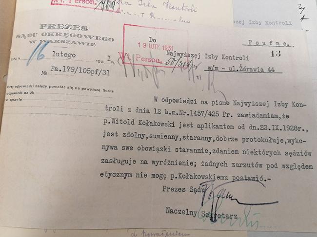 Pismo Prezesa Sądu Okręgowego w Warszawie do&nbsp;Najwyższej Izby Kontroli