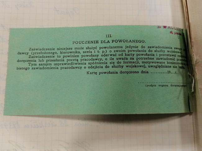 Druga strona zaświadczenia o powołaniu do służby wojskowej Witolda Kołakowskiego