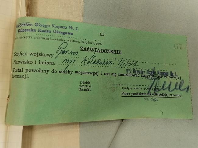 Zaświadczenie o powołaniu do&nbsp;służby wojskowej Witolda Kołakowskiego