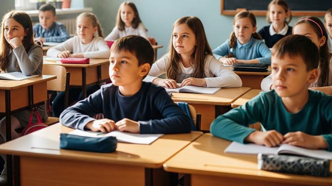 Dzieci siedzące w szkolnych ławkach w klasie