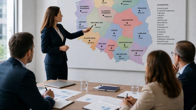 Prezentacja dotycząca podziału administracyjnego Polski. Kobieta wskazuje na mapę województw podczas spotkania z uczestnikami siedzącymi przy stole