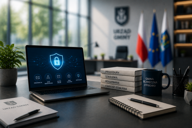 Laptop z ikoną tarczy na ekranie stoi na biurku obok kubka z napisem GMINA BEZPIECZNA CYFROWO, stosu książek i teczki URZĄD GMINY