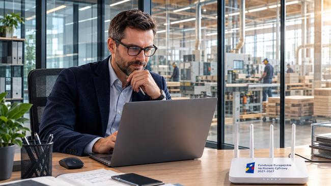 soba siedzi przy biurku i korzysta z laptopa w przeszklonym pomieszczeniu biurowym. Na biurku znajdują się mysz komputerowa, smartfon, dokumenty, przybornik na długopisy oraz router Wi-Fi z logo Funduszy Europejskich na Rozwój Cyfrowy 2021-2027. Za szklan