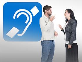 Symbol osób głuchych obok para rozmawiająca w języku migowym