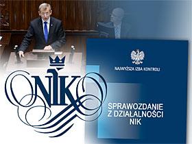 Ilustracja: Logo NIK i okładka sprawozdania z działalności NIK, w tle Prezes NIK Krzysztof Kwiatkowski przemawiający z mównicy sejmowej