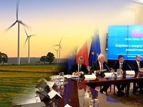 Ilustracja: Masztu elektrowni wiatrowej, obok zdjęcie z debaty