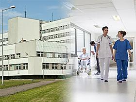 Ilustracja: Zdjęcie budynku szpitala i korytarz szpitalny