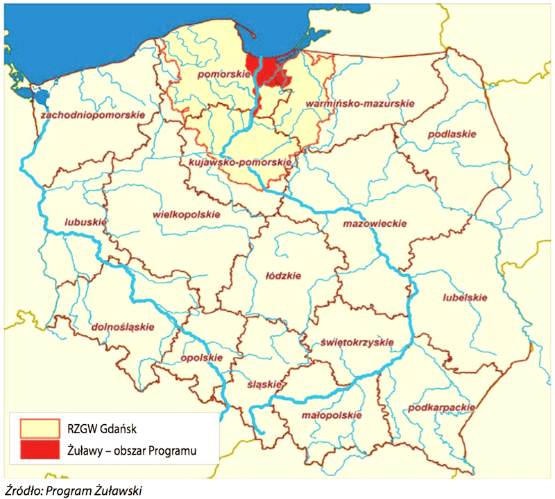 mapa Polski z zaznaczonymi granicami Programu Żuławskiego