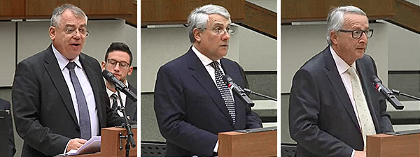 Przewodniczący ETO Klaus-Heiner Lehne, przewodniczący Parlamentu Europejskiego Antonio Tajani, przewodniczący Komisji Europejskiej Jean-Claude Juncker