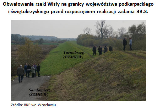 Obwałowania rzeki Wisły na granicy województwa podkarpackiego i świętokrzyskiego przed rozpoczęciem realizacji zadania 3B.3.  Źródło: BKP we Wrocławiu.