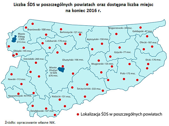 Liczba ŚDS w&nbsp;poszczególnych powiatach oraz dostępna liczba miejsc na&nbsp;koniec 2016&nbsp;r. Źródło: opracowanie własne NIK.