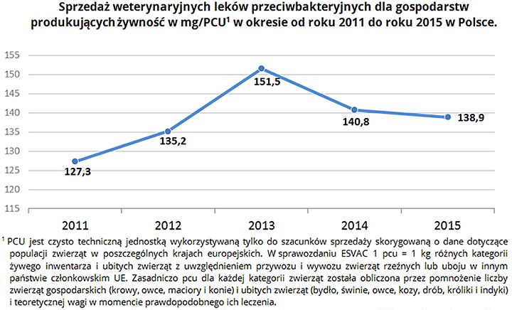 Sprzedaż weterynaryjnych leków przeciwbakteryjnych w mg/PCU w latach 2011-2015 na przykładzie Polski - sprzedaż rosła znacząco do 2013 roku, następnie w roku 2014 i 2015 spadła do poziomu 140,8 i 138,9 mg/na PCU