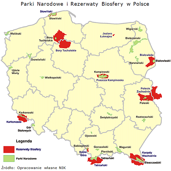 Mapa Parków Narodowych i Rezerwatów Biosfery w Polsce, Źródło: Opracowanie własne NIK