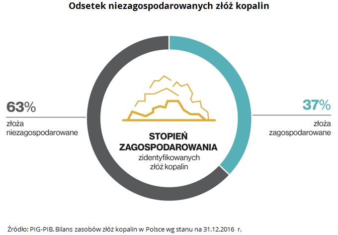 Odsetek niezagospodarowanych złóż kopalin Źródło: PIG-PIB. Bilans zasobów złóż kopalin w Polsce wg stanu na 31.12.2016 r.