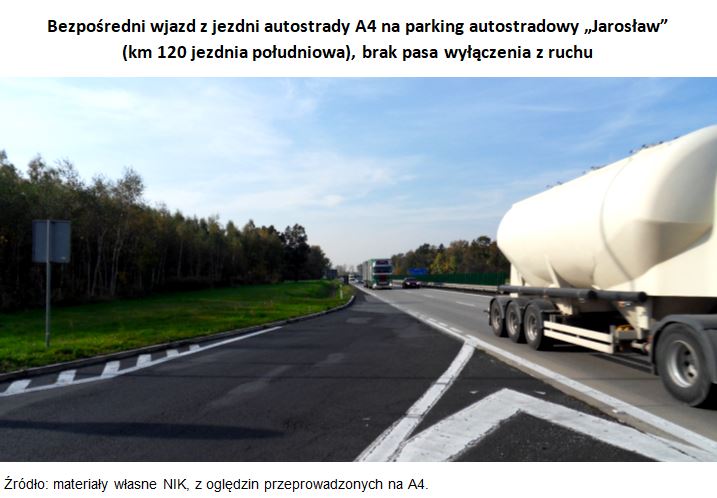 Bezpośredni wjazd z jezdni autostrady A4 na parking autostradowy „Jarosław” (km 120 jezdnia południowa), brak pasa wyłączenia z ruchu