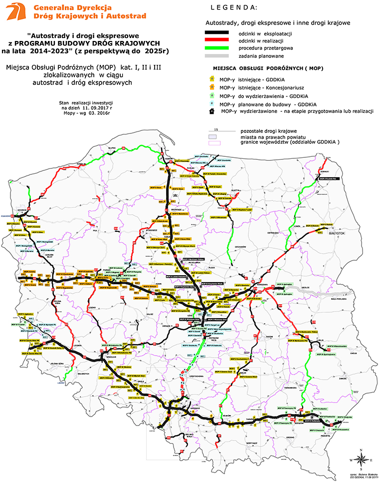 Rozmieszczenie istniejących i planowanych do uruchomienia miejsc obsługi podróżnych w ciągach autostrad i dróg ekspresowych