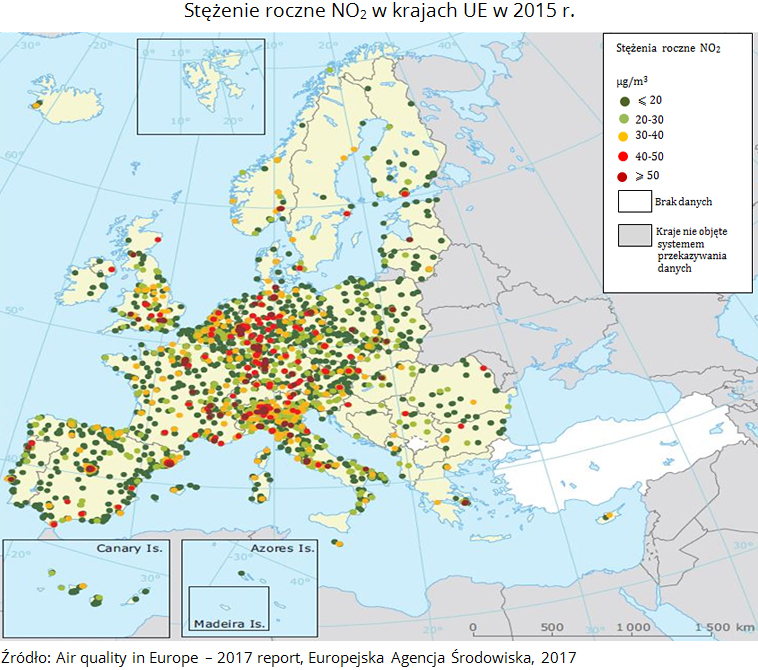 Stężenie roczne NO2 w&nbsp;krajach UE w&nbsp;2015&nbsp;r. Źródło: Air quality in Europe - 2017 report, Europejska Agencja Środowiska, 2017