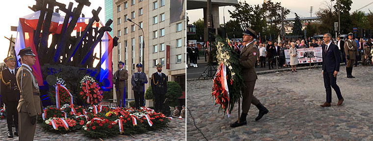 Ochody 79. rocznicę sowieckiej agresji na Polskę przy pomniku Poległym i Pomordowanym na Wschodzie, Prezes NIK Krzysztof Kwiatkowski składa wieniec pod pomnikiem.