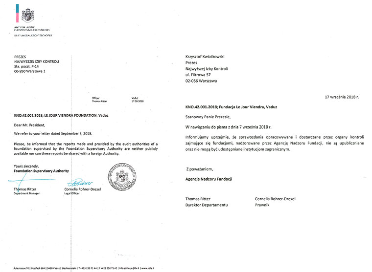 Odpowiedź Najwyższego Urzędu Kontroli Księstwa Liechtensteinu w sprawie kontroli Fundacji Le Jour Viendra
