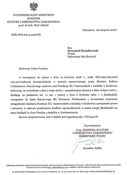 skan pisma z 20 sierpnia 2018 r. wiceministra Kultury i Dziedzictwa Narodowego, Jarosława Sellina