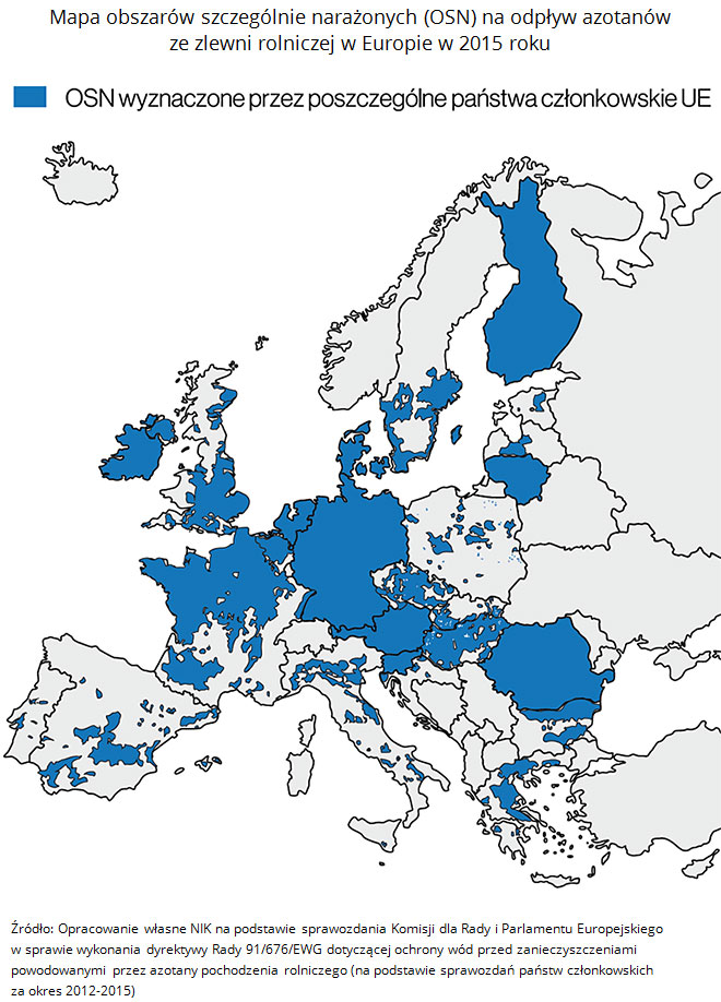 Mapa obszarów szczególnie narażonych (OSN) na odpływ azotanów ze zlewni rolniczej w Europie w 2015 roku    Źródło: Opracowanie własne NIK na podstawie sprawozdania Komisji dla Rady i Parlamentu Europejskiego w sprawie wykonania dyrektywy Rady 91/676/EWG dotyczącej ochrony wód przed zanieczyszczeniami powodowanymi przez azotany pochodzenia rolniczego (na podstawie sprawozdań państw członkowskich za okres 2012-2015)