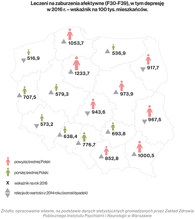 Leczeni na&nbsp;zaburzenia afektywne (F30-F39), w&nbsp;tym depresje w&nbsp;2016&nbsp;r. - wskaźnik na&nbsp;100&nbsp;tys. mieszkańców