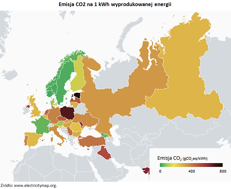 Emisja CO2 na 1 kWh wyprodukowanej energii. Źródło: www.electricitymap.org.