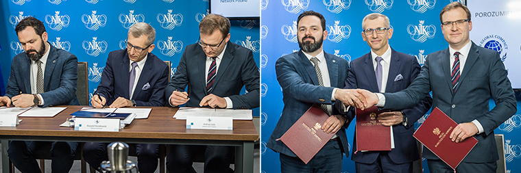 Dyrektor Generalny GCN Poland Kamil Wyszkowski, Prezes NIK Krzysztof Kwiatkowski i Andrzej Guła - Prezes Krakowskiego Alarmu Smogowego podpisują porozumienie o współpracy.