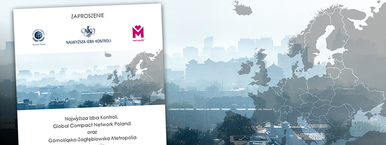 Zaproszenie na debatę, w tle miasto przesłonięte smogiem