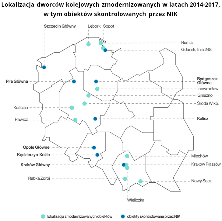 Lokalizacja dworców kolejowych zmodernizowanych w latach 2014-2017 (opis grafiki poniżej)