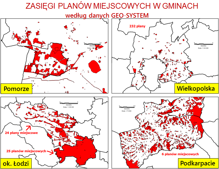 ZASIĘGI PLANÓW MIEJSCOWYCH W GMINACH - mapy różnych rejonów Polski