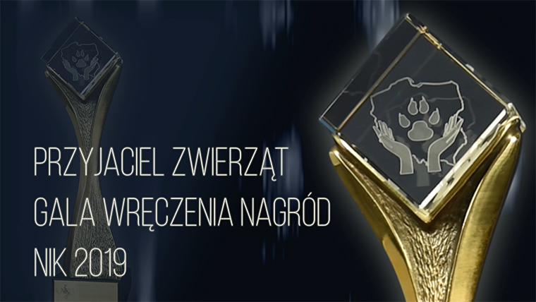 Napis Przyjaciel Zwierząt Gala wręczenia nagród NIK 2019 w tle statuetka nagrody