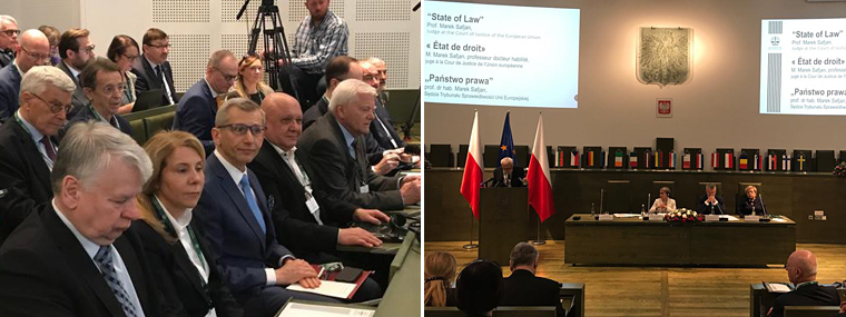 Prezes NIK Krzysztof Kwiatkowski na&nbsp;konferencji Przyszłość Europy opartej na&nbsp;rządach prawa, obok profesor Marek Safian w&nbsp;trakcie swojego wystąpienia