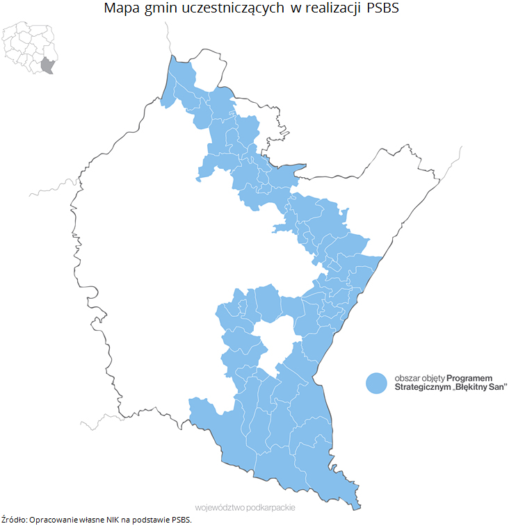 Mapa gmin uczestniczących w&nbsp;realizacji PSBS. Źródło: Opracowanie własne NIK na&nbsp;podstawie PSBS.