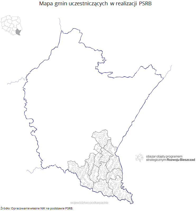 Mapa gmin uczestniczących w&nbsp;realizacji PSRB. Źródło: Opracowanie własne NIK na&nbsp;podstawie PSRB.
