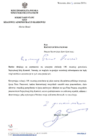 Życzenia dla NIK od Ministerstwa Finansów, podpisane przez Sekretarza Stanu Szefa Krajowej Administracji Skarbowej Mariana Banasia