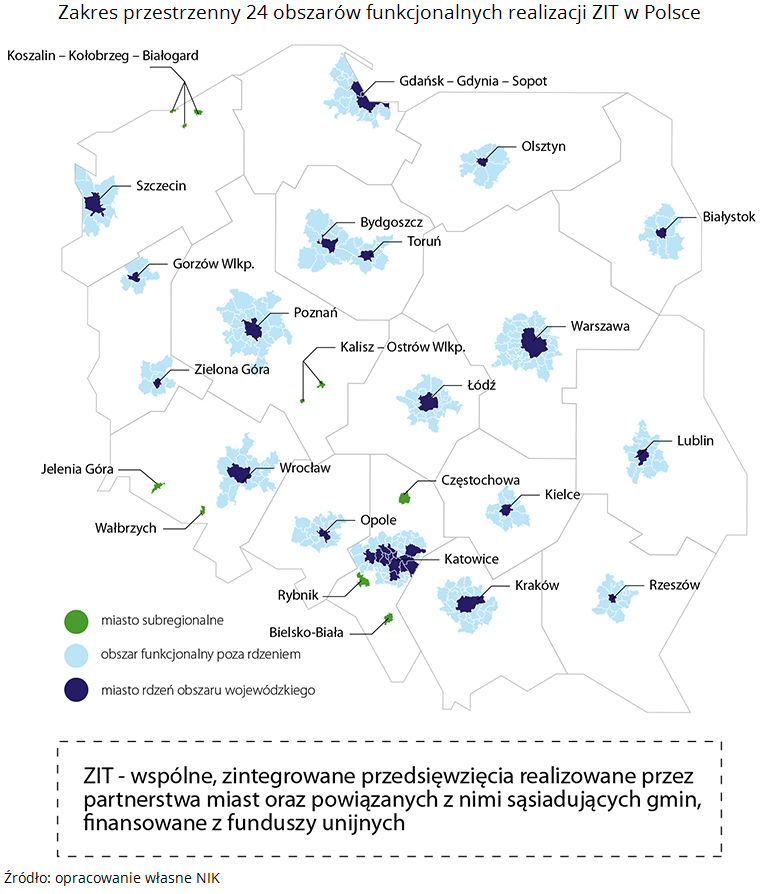 Zakres przestrzenny 24 obszarów funkcjonalnych realizacji ZIT w Polsce. Źródło: opracowanie własne NIK