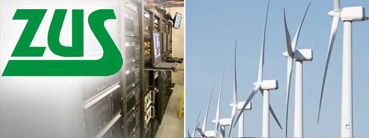 Logo ZUS w&nbsp;tle serwery komputerowe obok farma wiatrowa