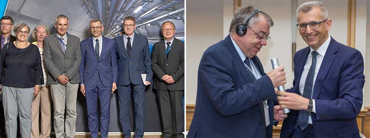 Zdjęcie pamiątkowe na&nbsp;zakończenie audytu w&nbsp;CERN, obok Prezes NIK Krzysztof Kwiatkowski i&nbsp;Prezes ETO Klaus-Heiner Lehne